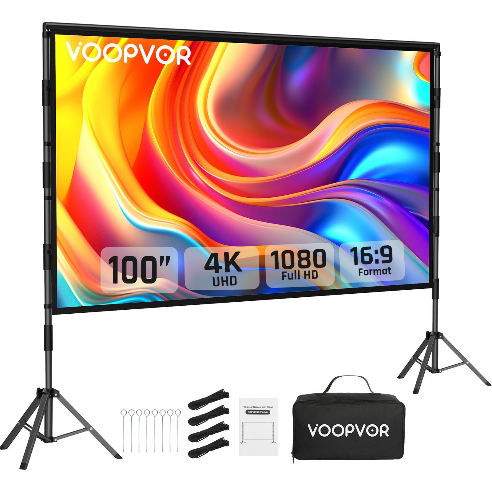 100 Inch Projector Screen with Stand, Portable Indoor Movie Screen
