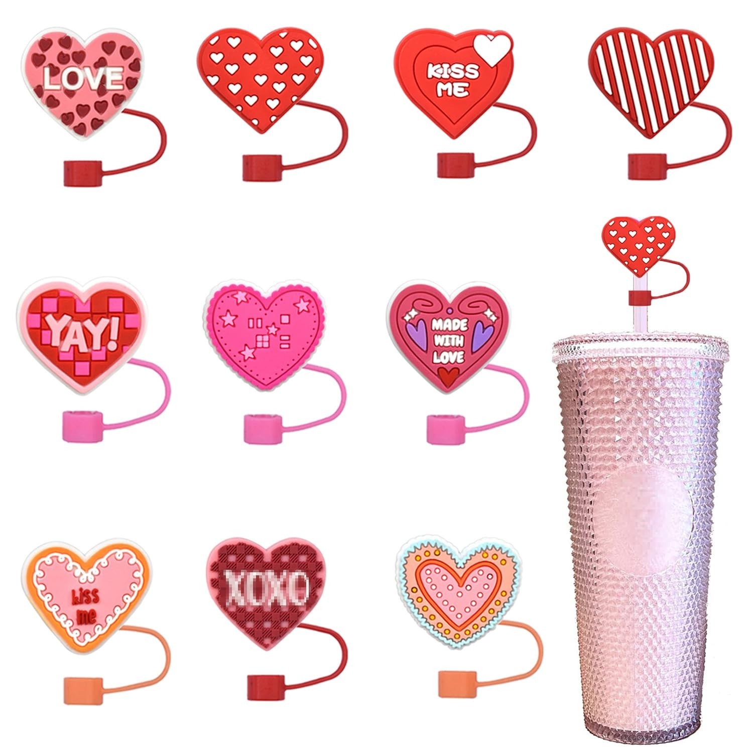 10 Pcs Straw Cover Cap Valentin Day Straw Covers Heart Silicone Straw Toppers...