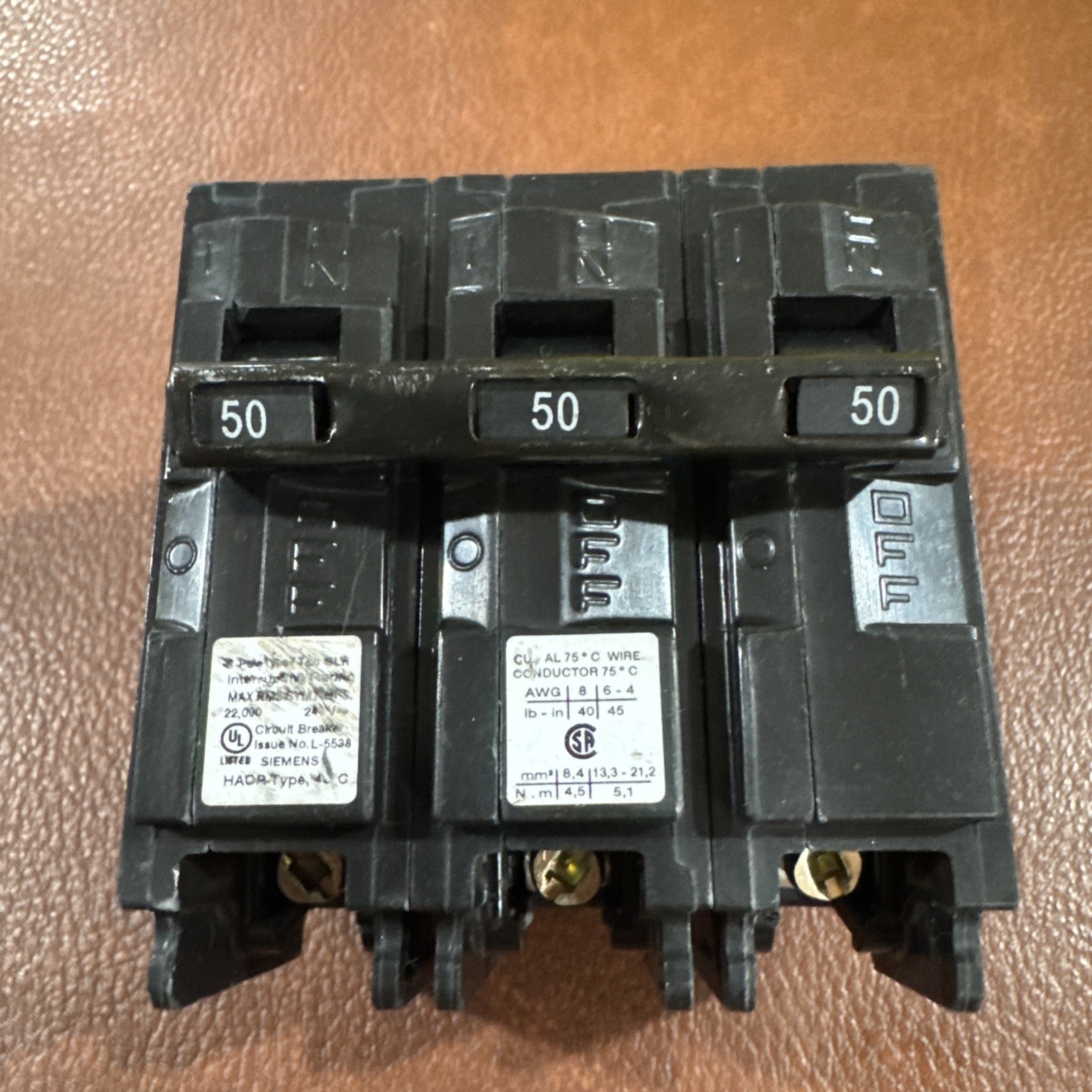 Siemens B350H 50 Amp 3 Pole 240 V 22 kA 60 Hz Circuit Breaker 3P 50A