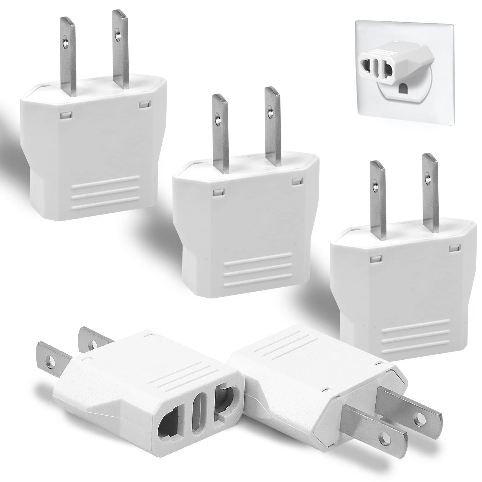 6 Pack Travel Adapter: European to US Outlet Plug Adapter (White) White