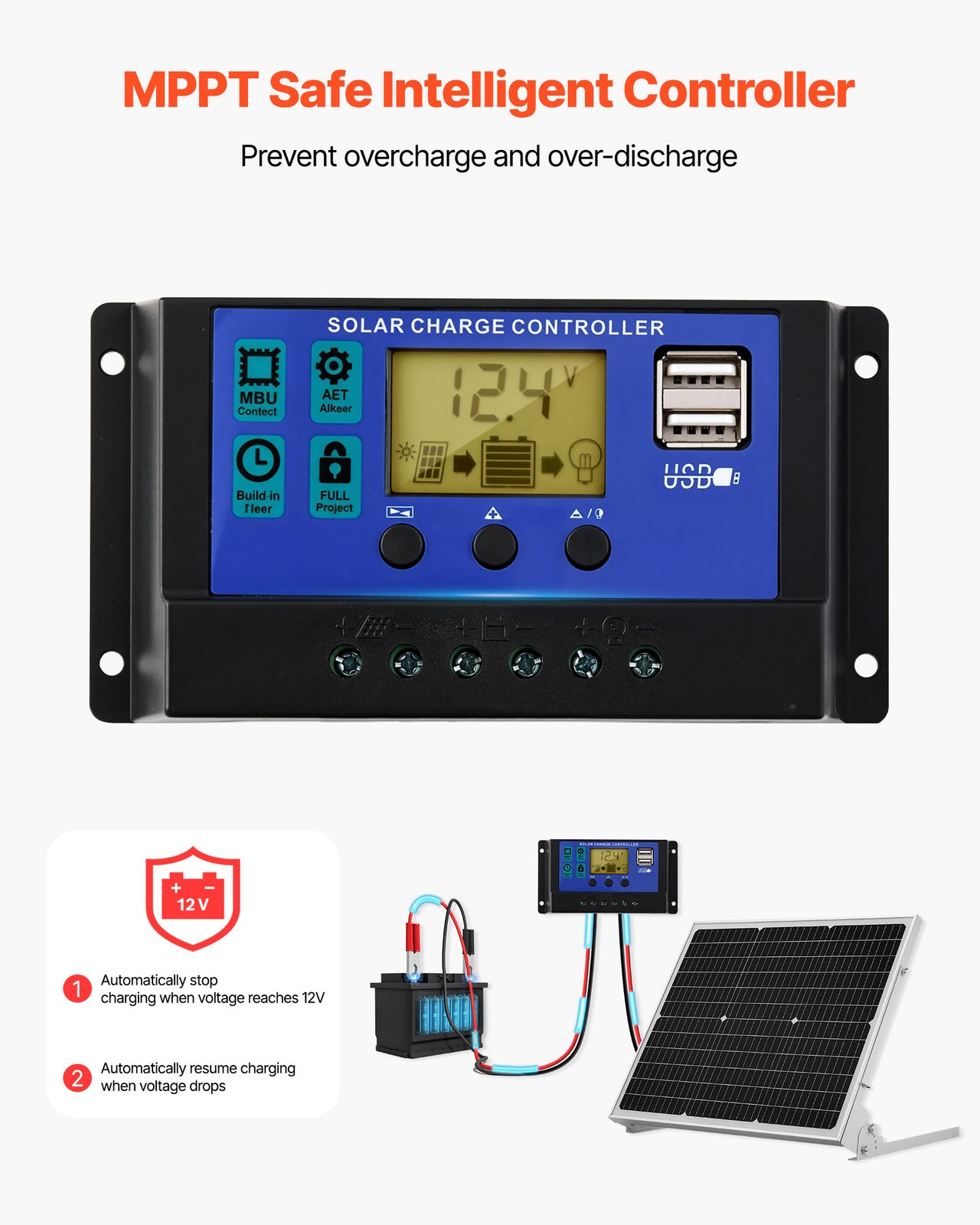 VEVOR Solar Battery Trickle Charger Kit 50W 12V with Upgraded MPPT Controller