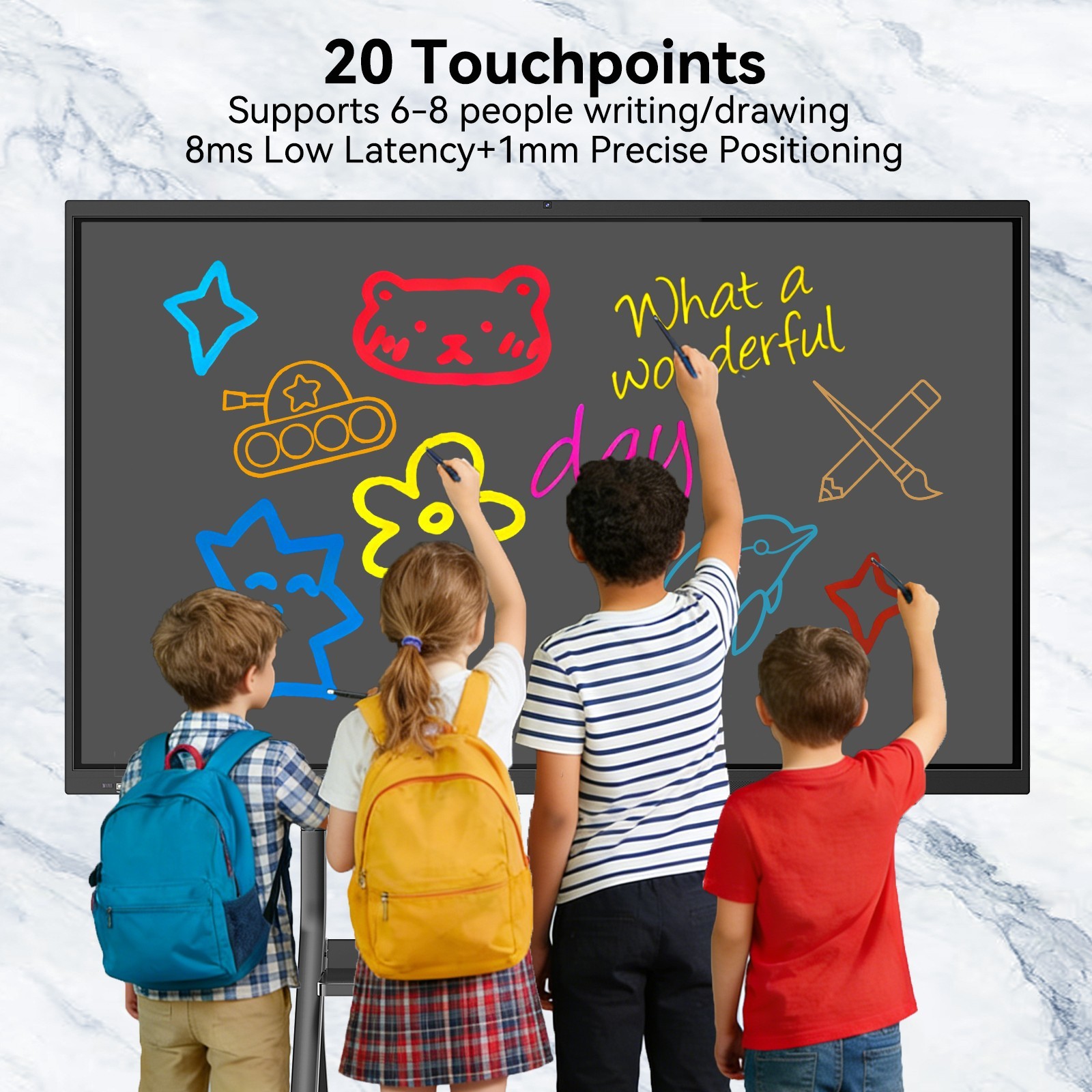 65 Inch 4K UHD Smart Board, Interactive Digital Whiteboard, 20-Point Touchscreen
