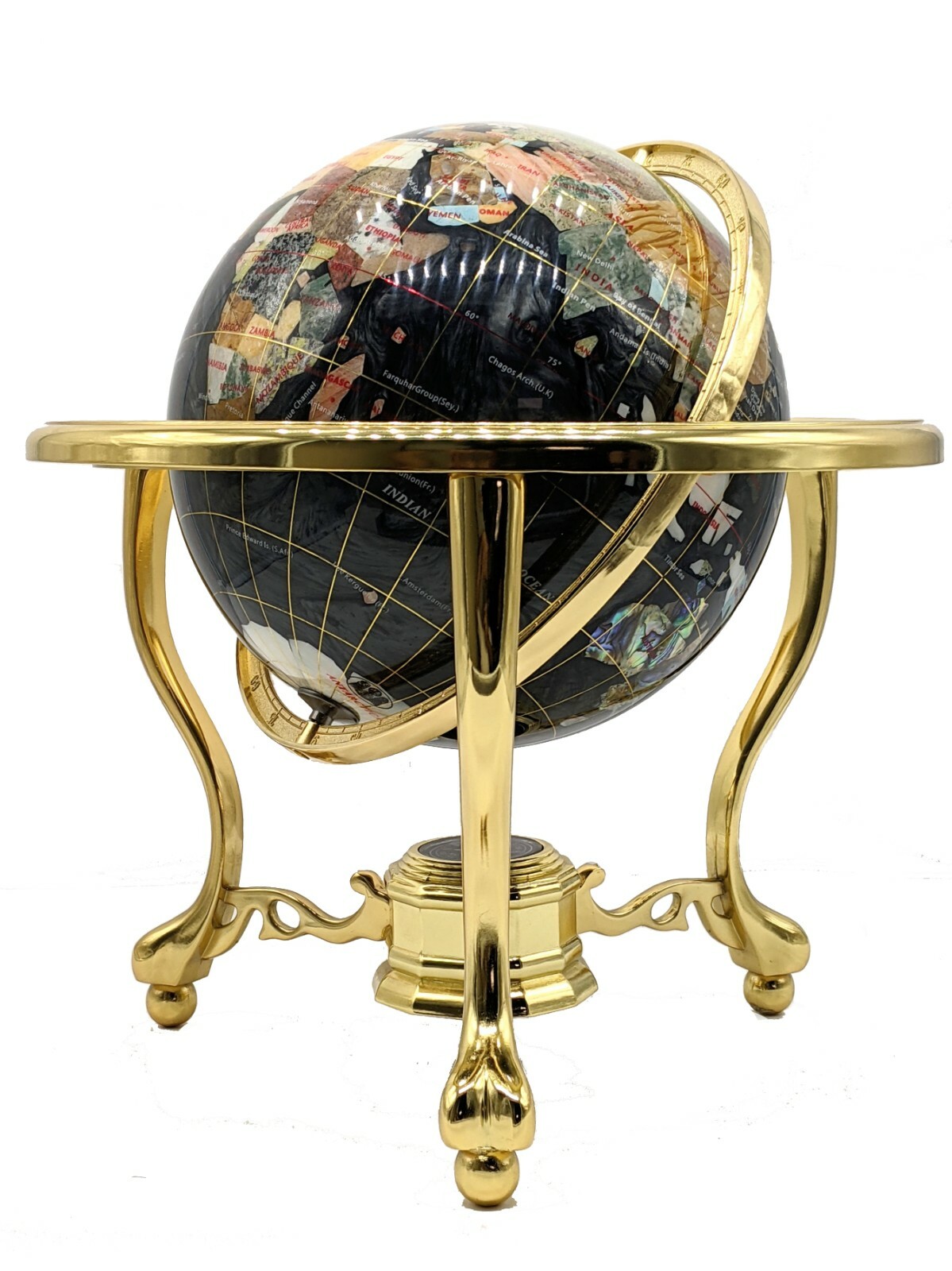Collector Edition! 14" Black Pearl Swirl Gemstone globe w Tripod Gold Stand