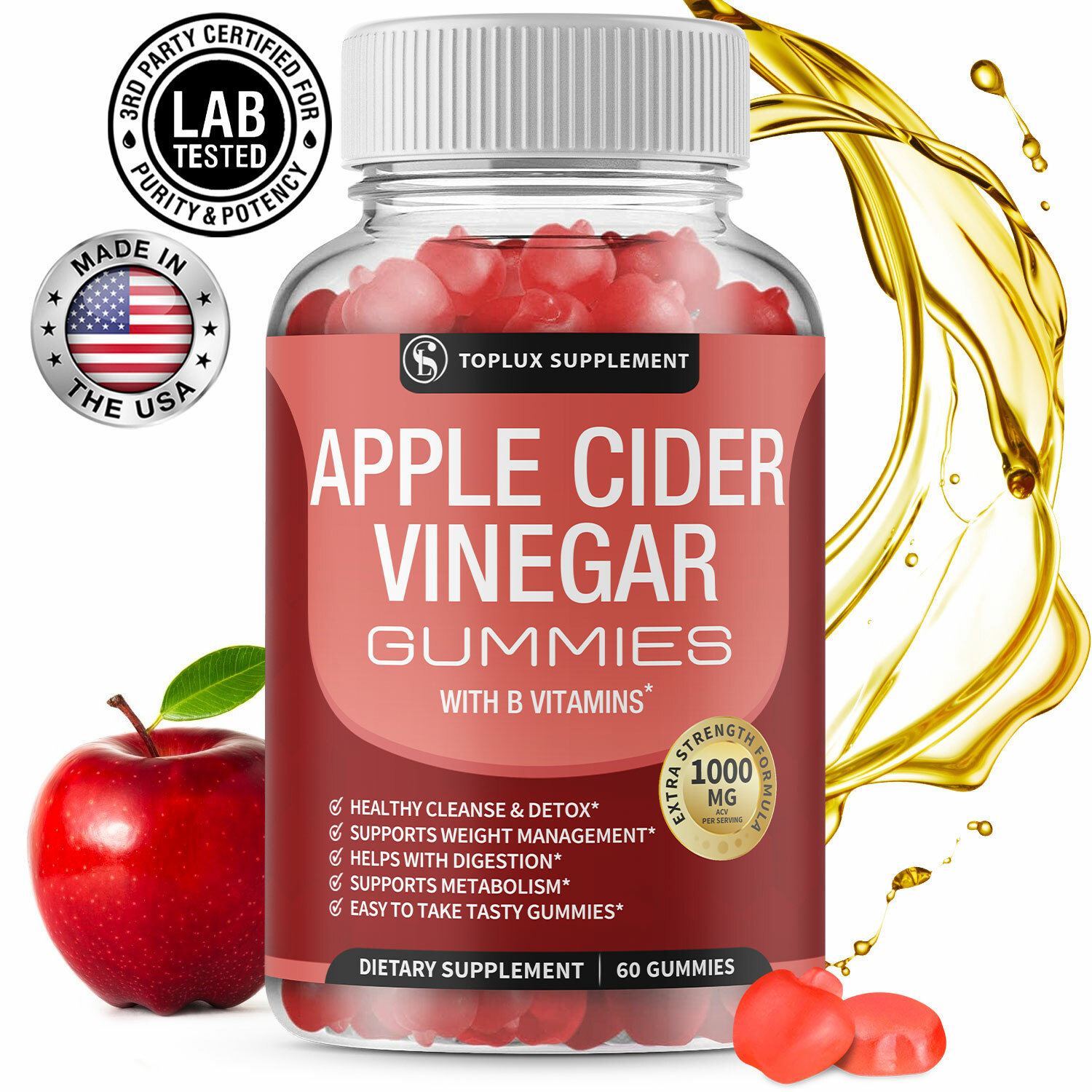 Apple Cider Vinegar Gummies 1000 MG with Mother 100% Vegan ACV Gummy - NON GMO