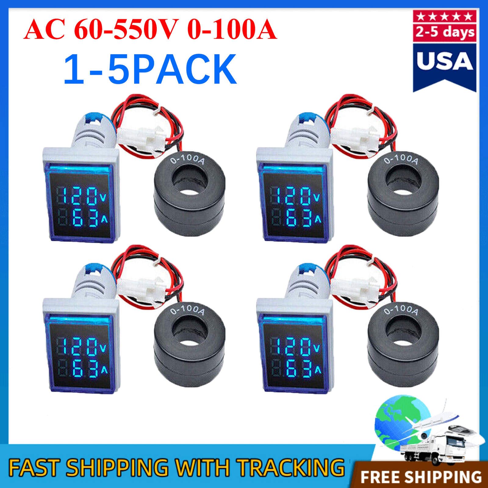 Lots of AC 60-500V 0-100A 22mm 3in1 Voltmeter Ammeter LED Digital Volt/AMP Meter