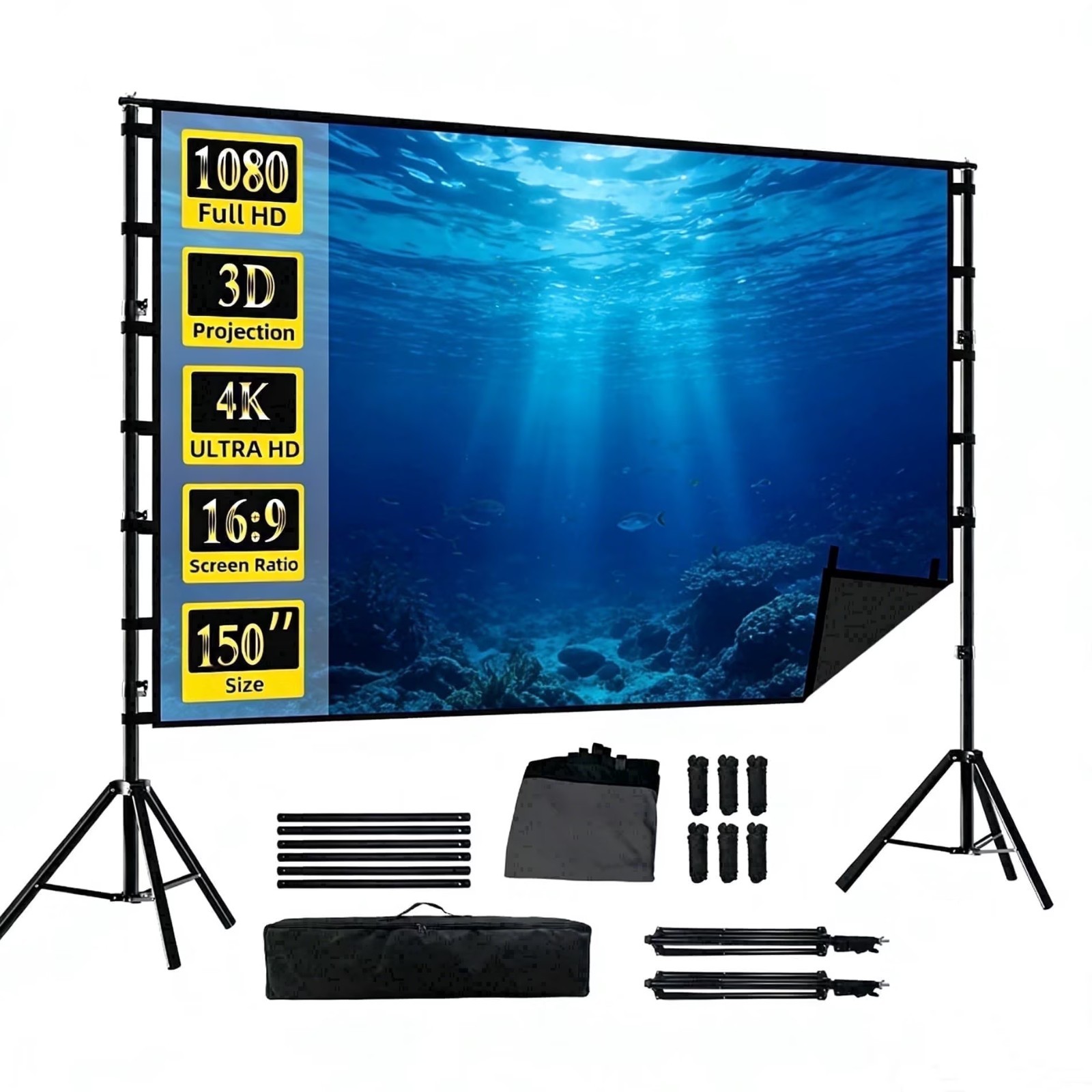 150 Inch Outdoor Projector Screen with Stand 4K HD Black Backing Portable
