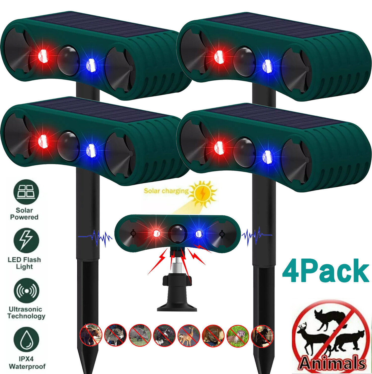 4pcs Solar Outdoor Motion Sensor Alarm 2*130db Ultrasonic Siren 4 Modes Flashing