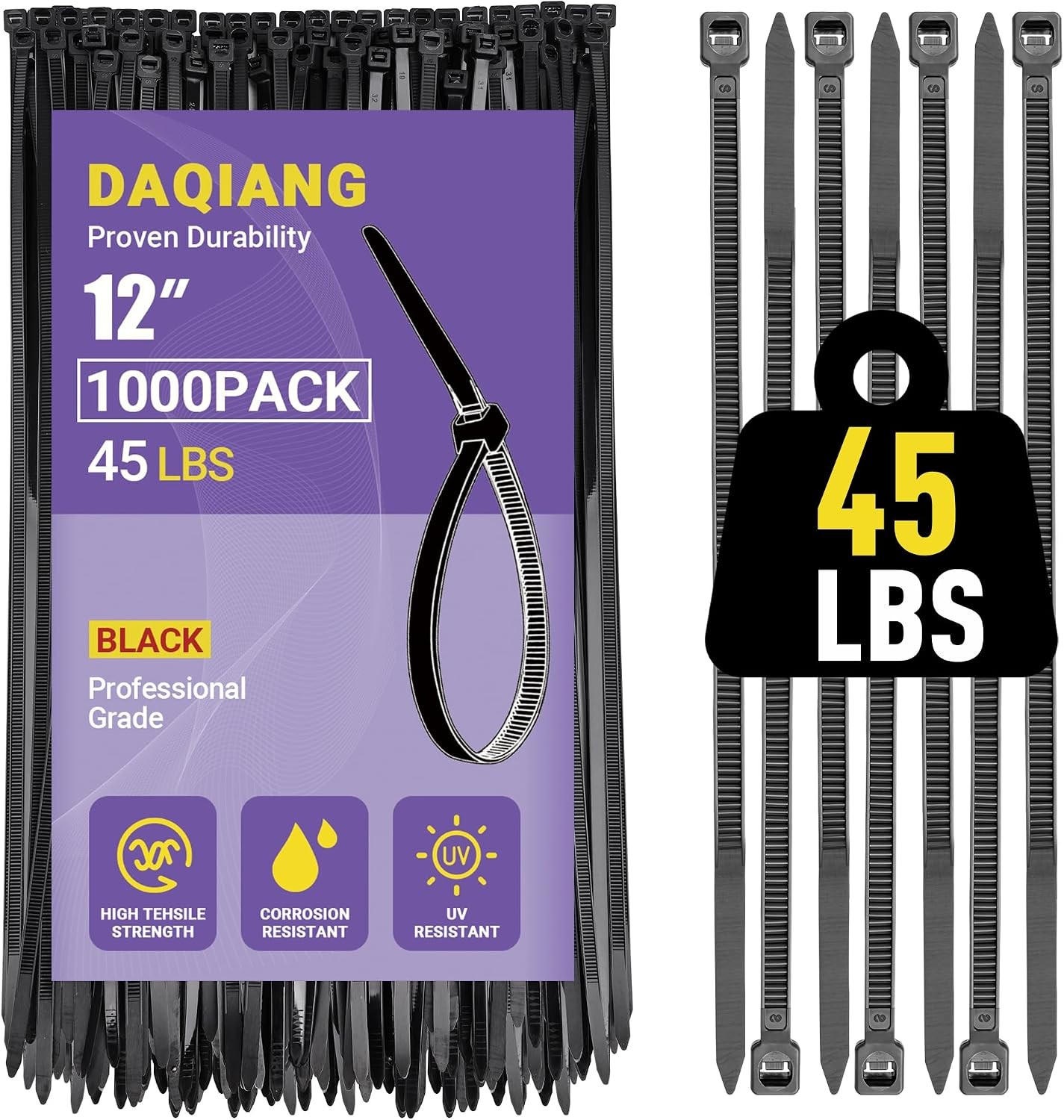 12 Inch Zip Ties (100 Pack) - 45 lb Tensile Strength, Black Self-Locking Nylon