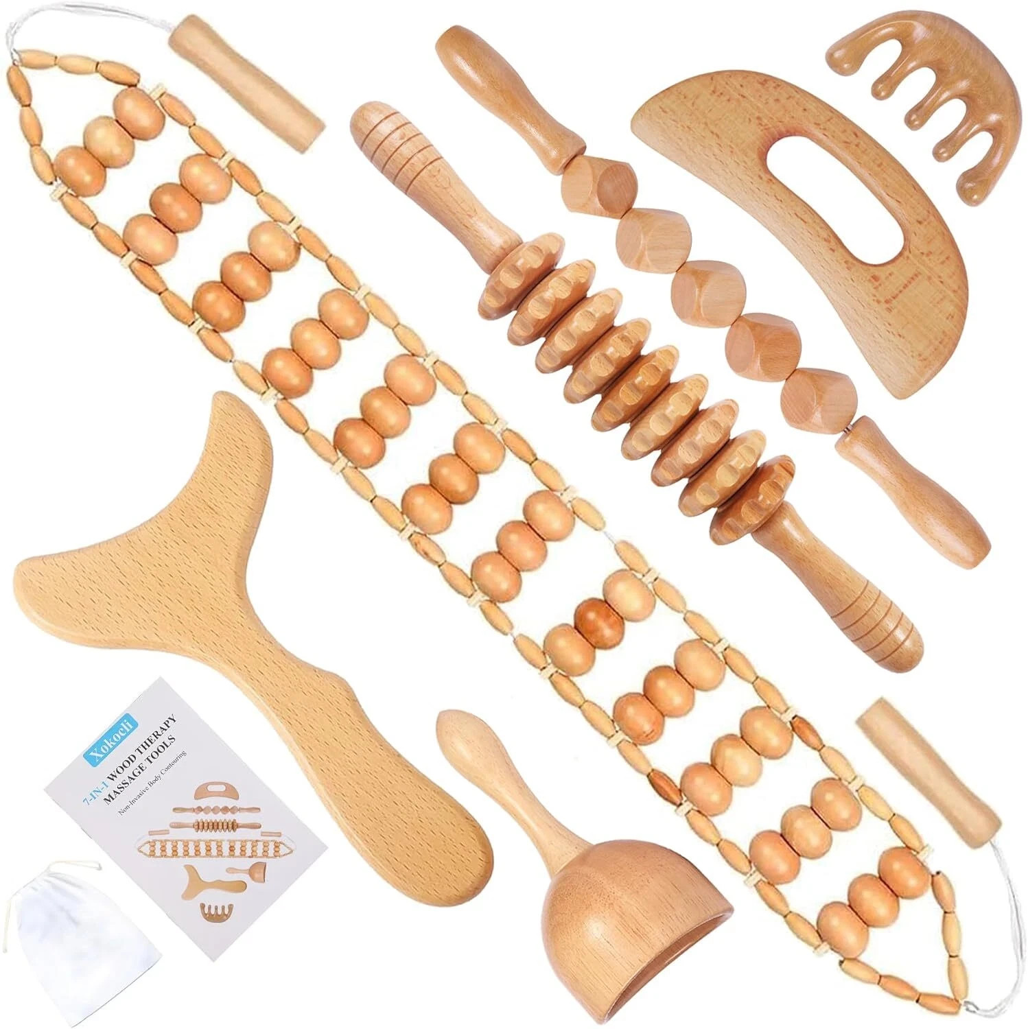 7-in-1 Wood Therapy Massage Tools Lymphatic Drainage Massager for Muscle Pain