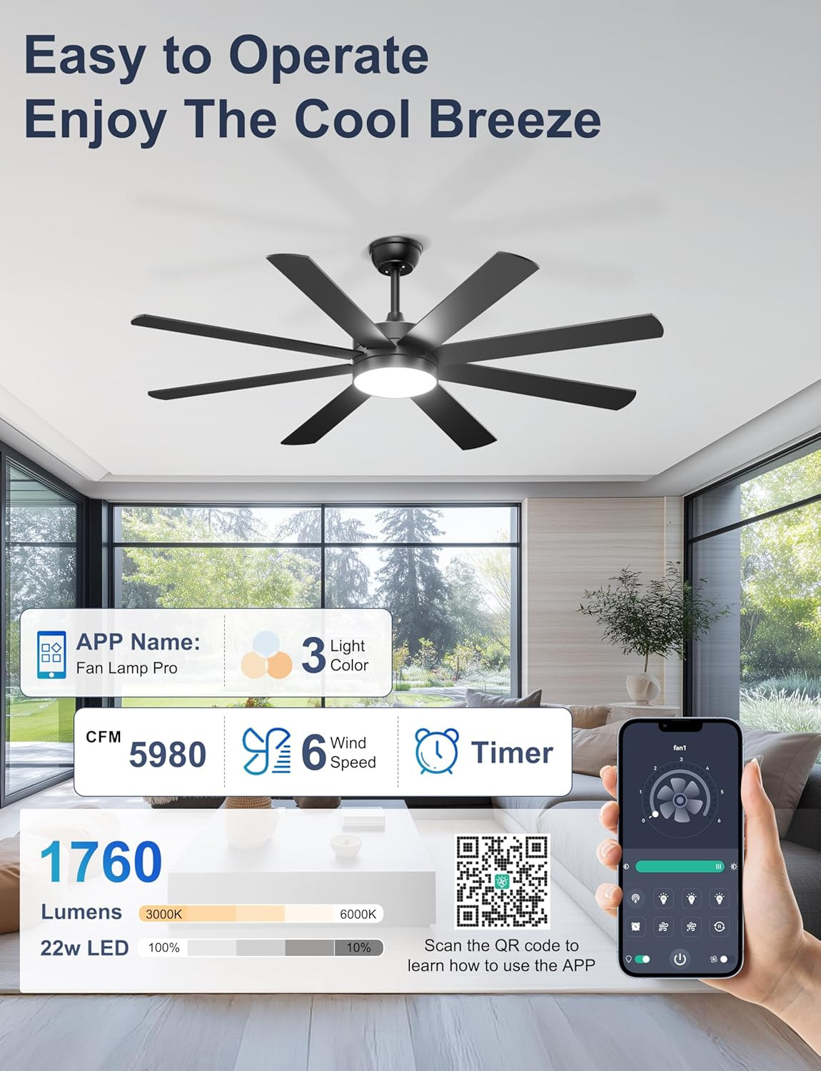 60'' Ceiling Fans with Lights - Modern Black Ceiling Fan Remote/App Control, Dim