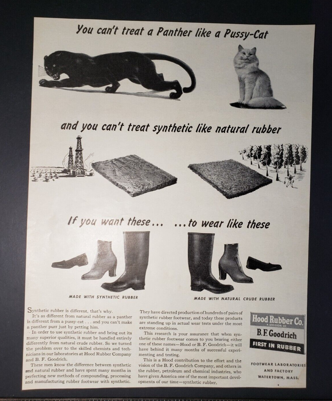 1943 Print Ad B.F. Goodrich Hood Rubber Can't Treat Panther Like A Pussy Cat