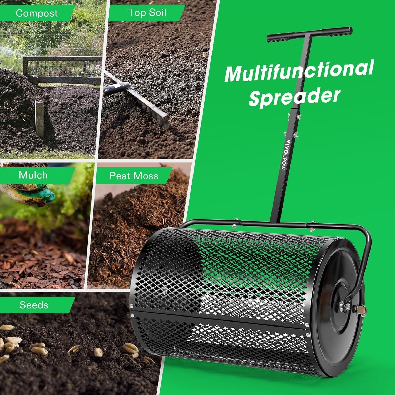 24" Lawn Compost Spreader Peat Moss Roller, Roller Spreader Adjustable Handle