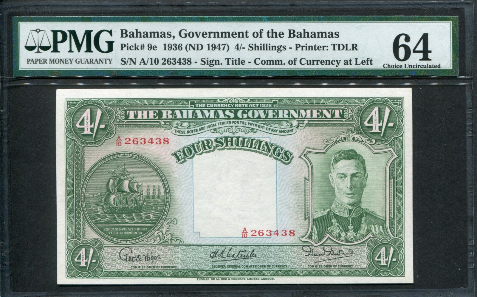 Bahamas 1936, 4 Shillings, P9e, PMG 64 UNC