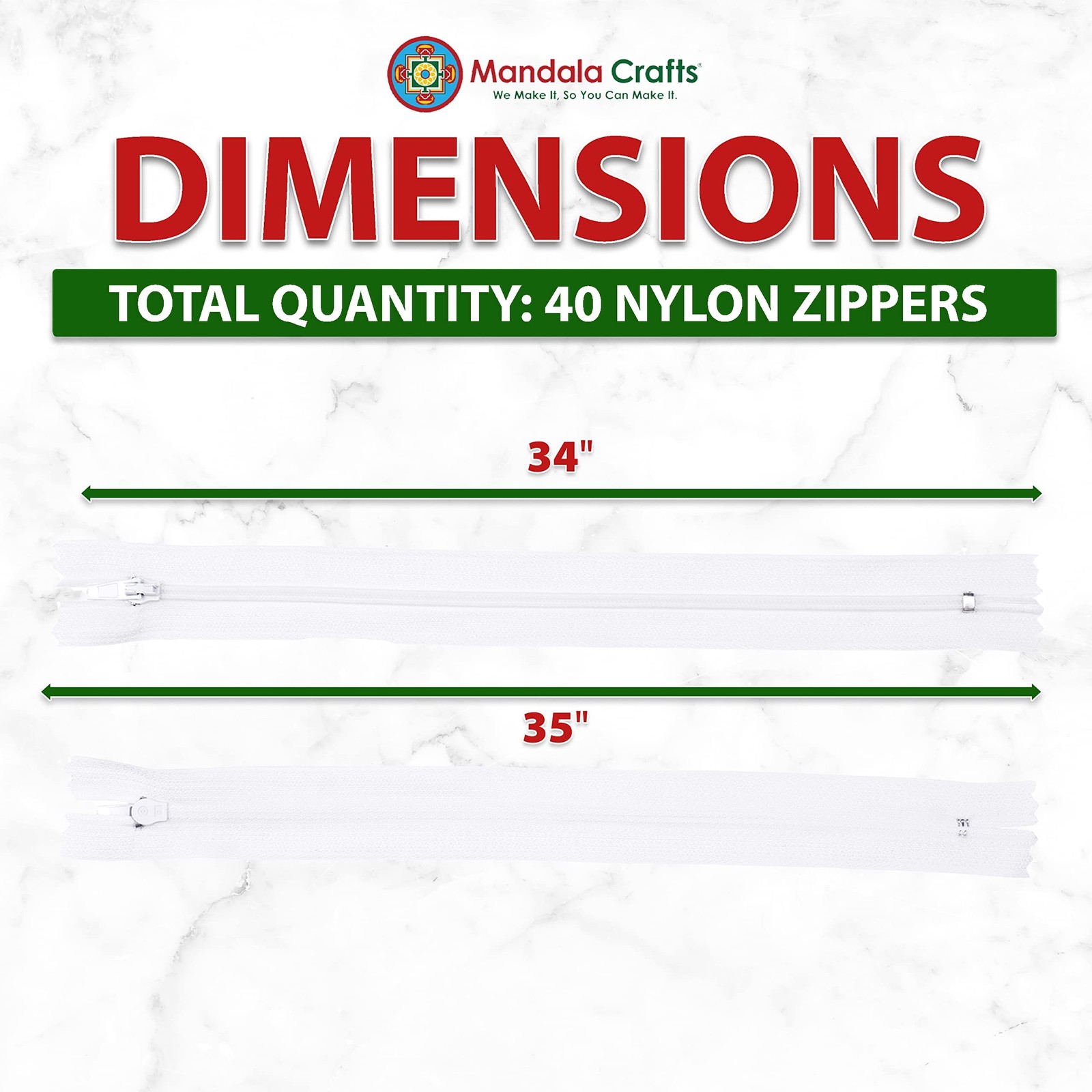 40 PCs White Nylon Zippers for Sewing 34 Inch - Zippers Sewing Supplies in Bu...
