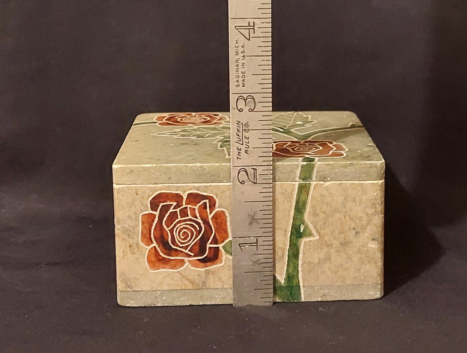 Carved Stone With Handpainted Roses Trinket Box