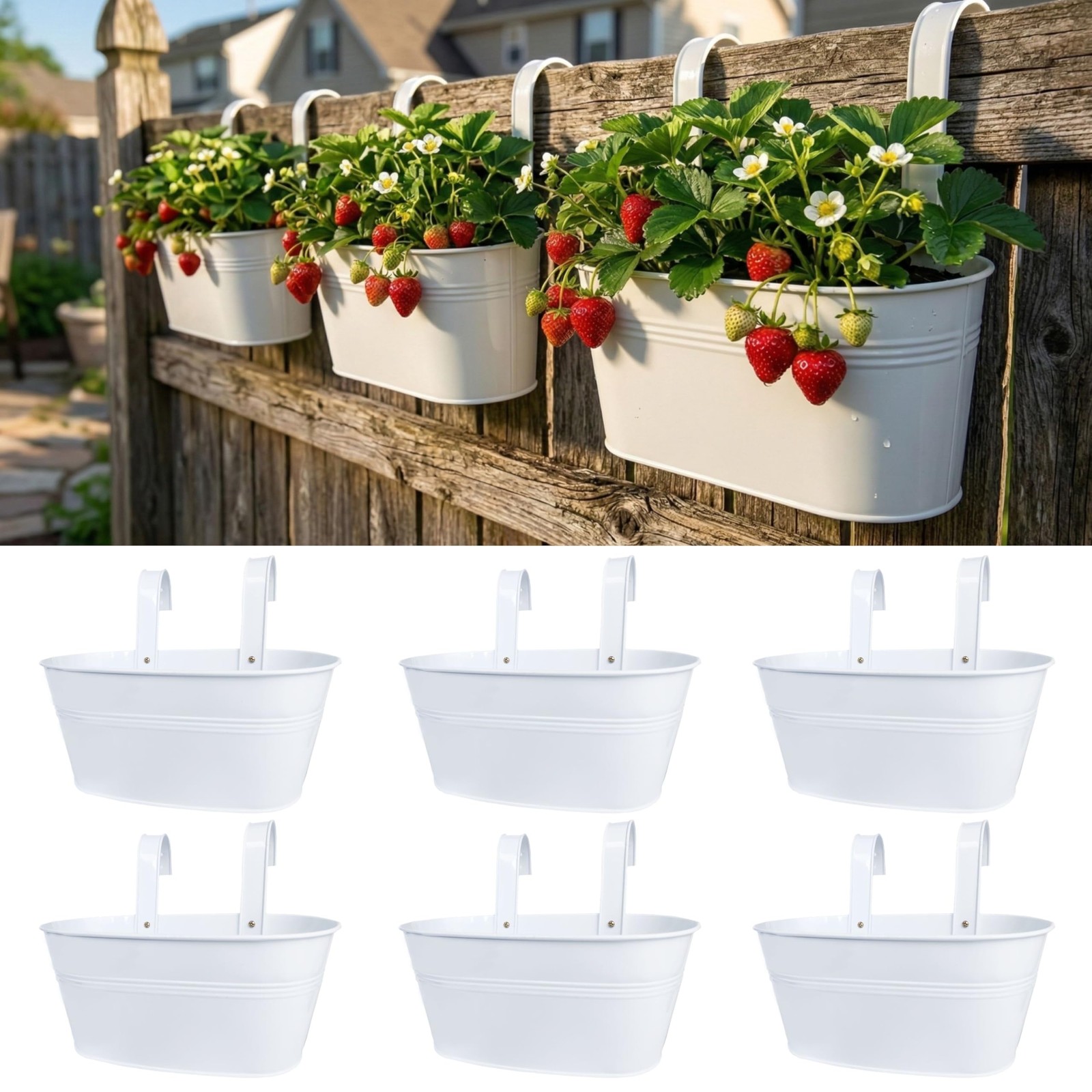 6 Pack Outdoor Rail Planters  9.8" White Metal Hanging Flower Pots for Decks