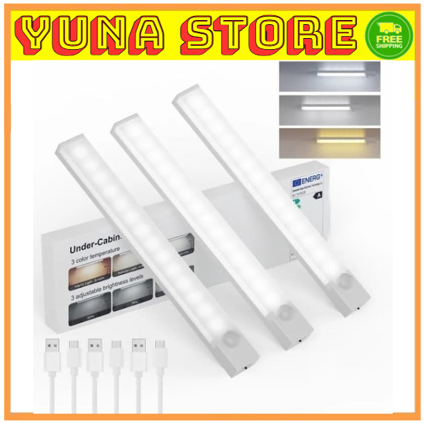 3 pcs LED Under Cabinet Lights, Rechargeable Motion Sensor, 3 Color Dimmable-8in