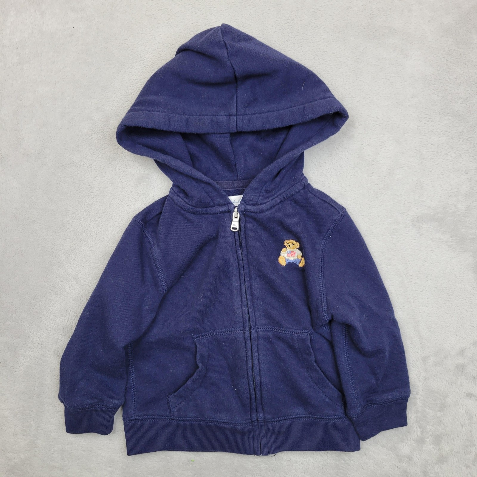 Ralph Lauren Baby Hoodie 12M Navy Blue Teddy Bear Zip Sweatshirt Jacket Cotton
