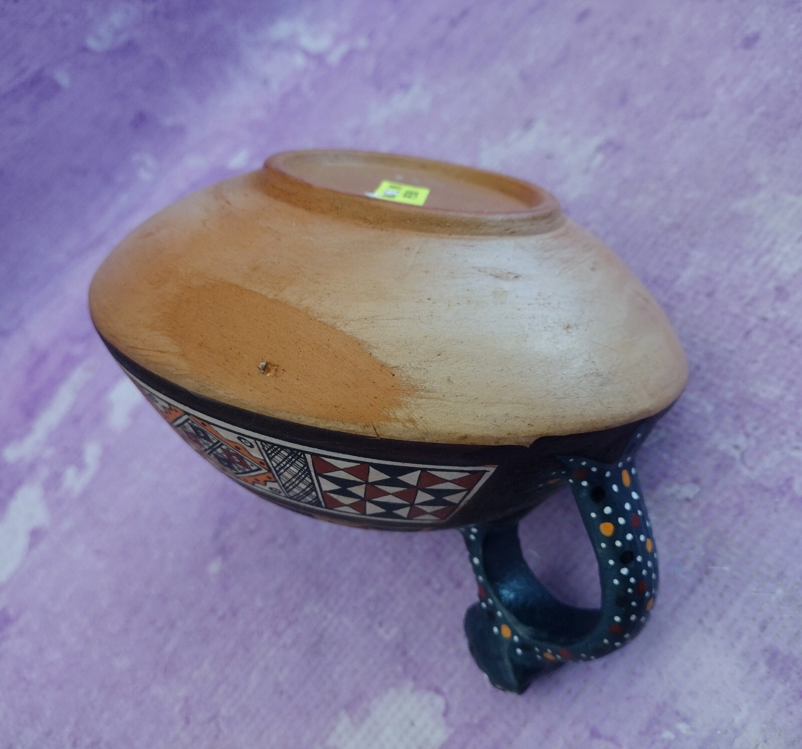 Peruvian Pottery Covered Bowl Folk Art Black Jaguar Handles Hand Painted Peru