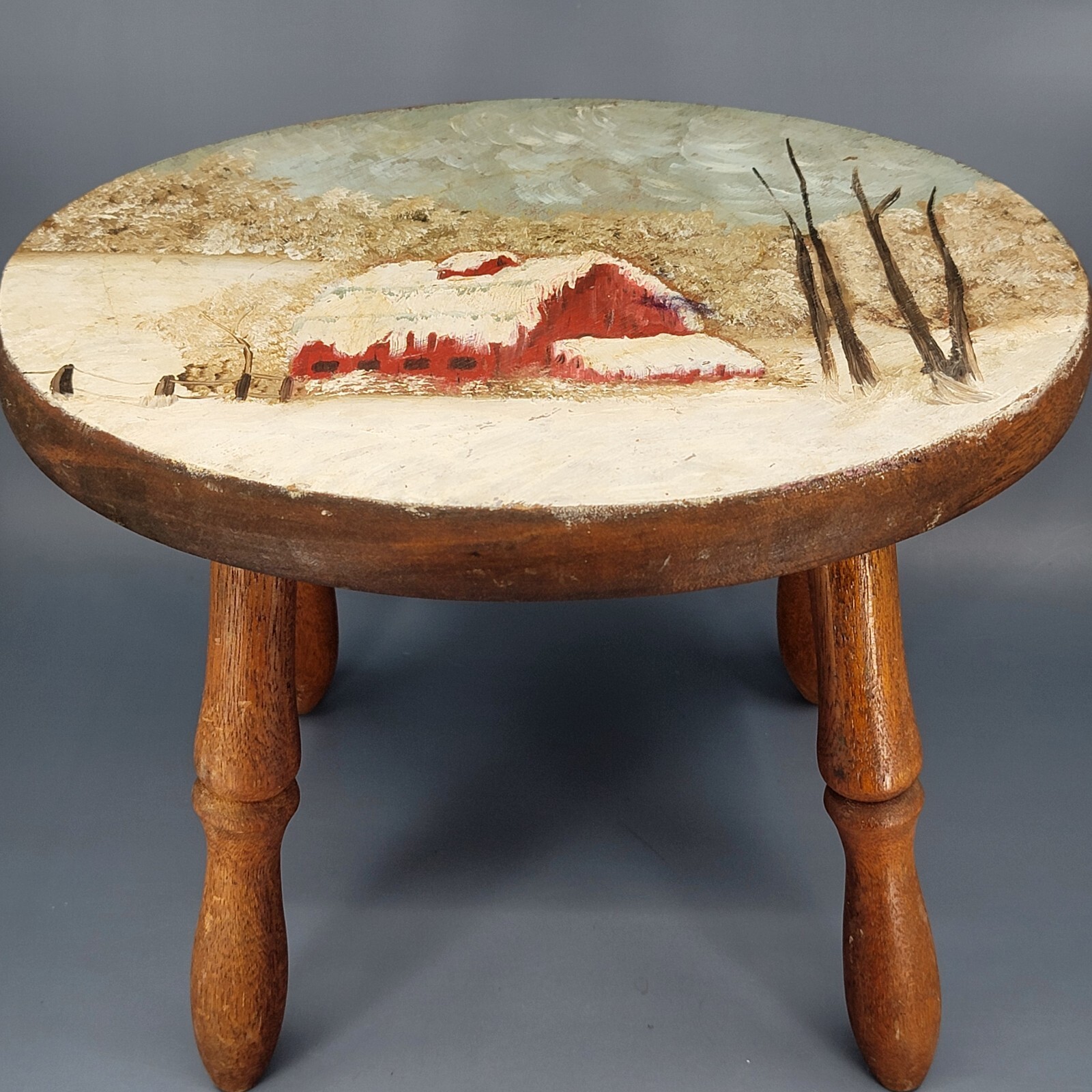 Vintage Farmhouse 4 Leg Wood Milking Stool Hand Painted Winter Red Barn Folk Art
