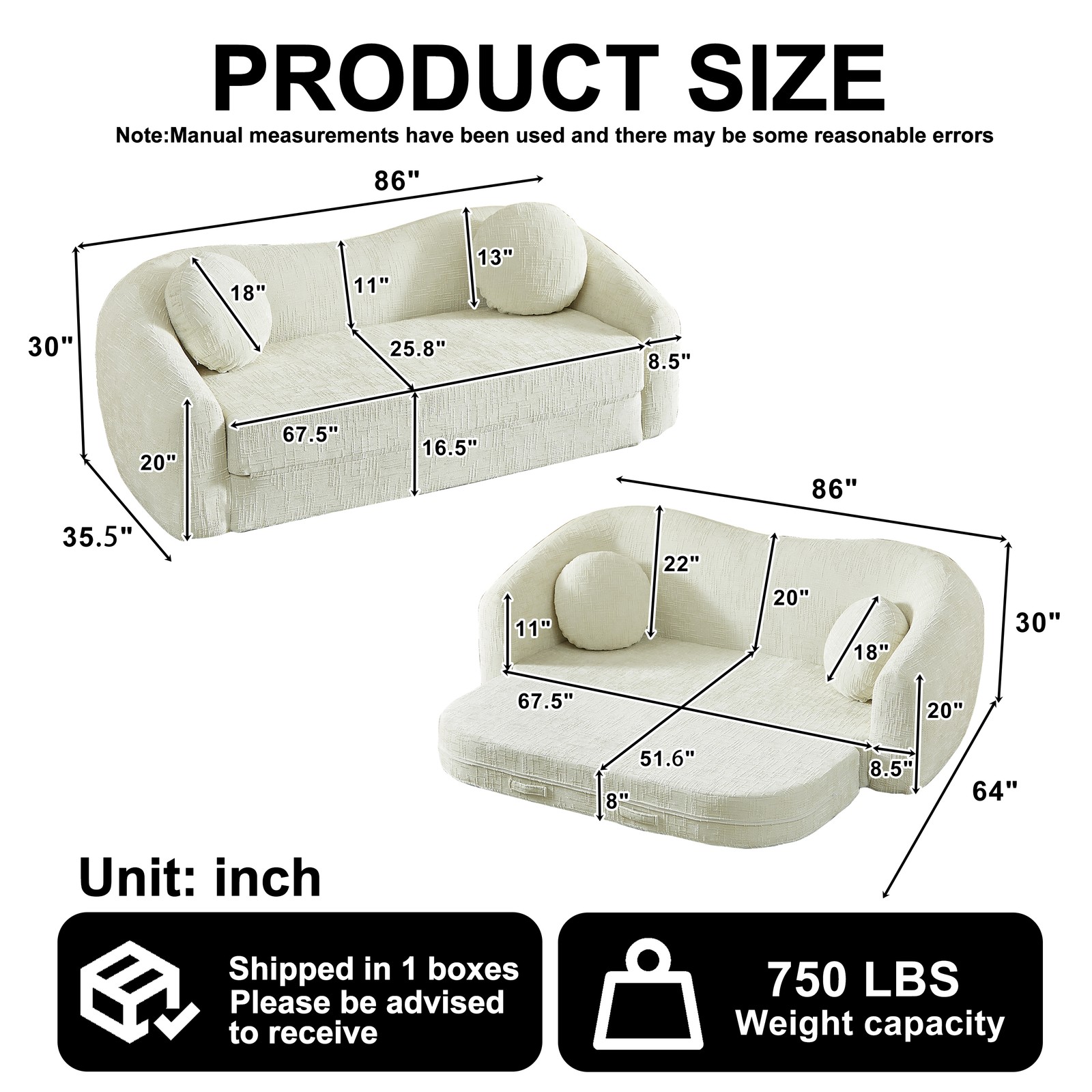 Curved Convertible Sofa Bed 2-in-1 Recliner, Chenille Foldable No Assembly Beige
