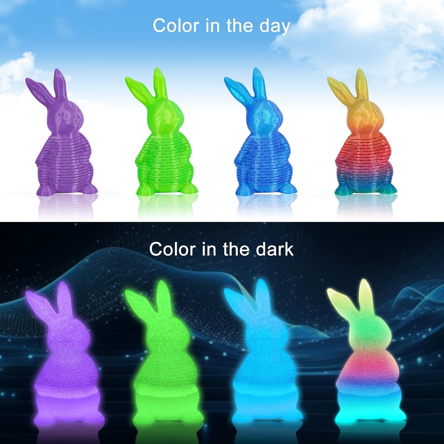 3D Printer Filament Bundle Glow in Dark Multicolor PLA 1.75mm 4 Pack