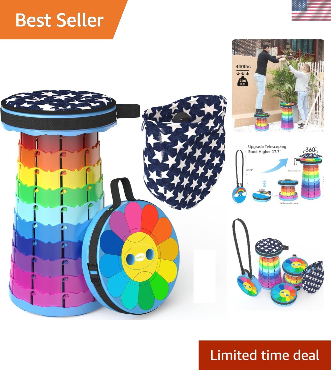Upgraded Portable Collapsible Folding Stool with Cushion Retractable Telescop...