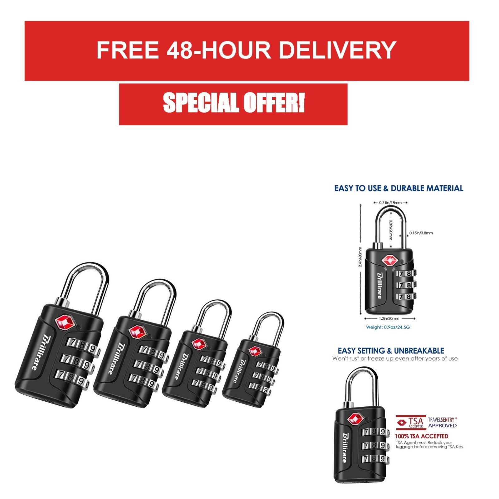 BRILLIRARE TSA Approved 4 Pack Combination Travel Padlocks - Black