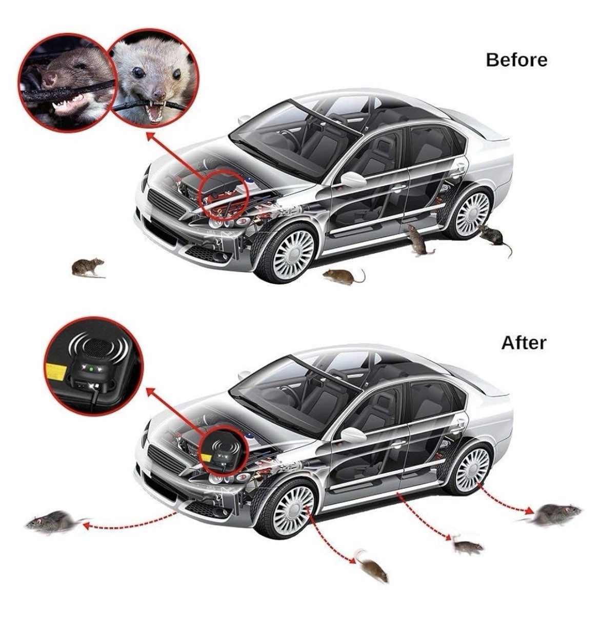 Ultrasonic Car Engine Rodent Repeller Plug-In Electric LED Flashlight 2 Pack
