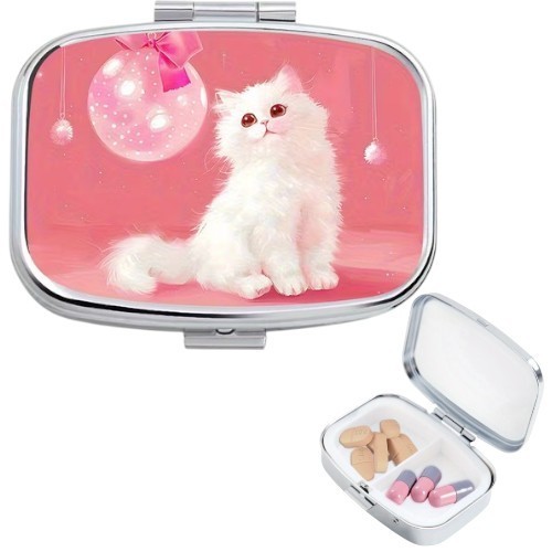 Pink Cat Print Pill Organizer Compact 2-Compartment Pocket Travel Size