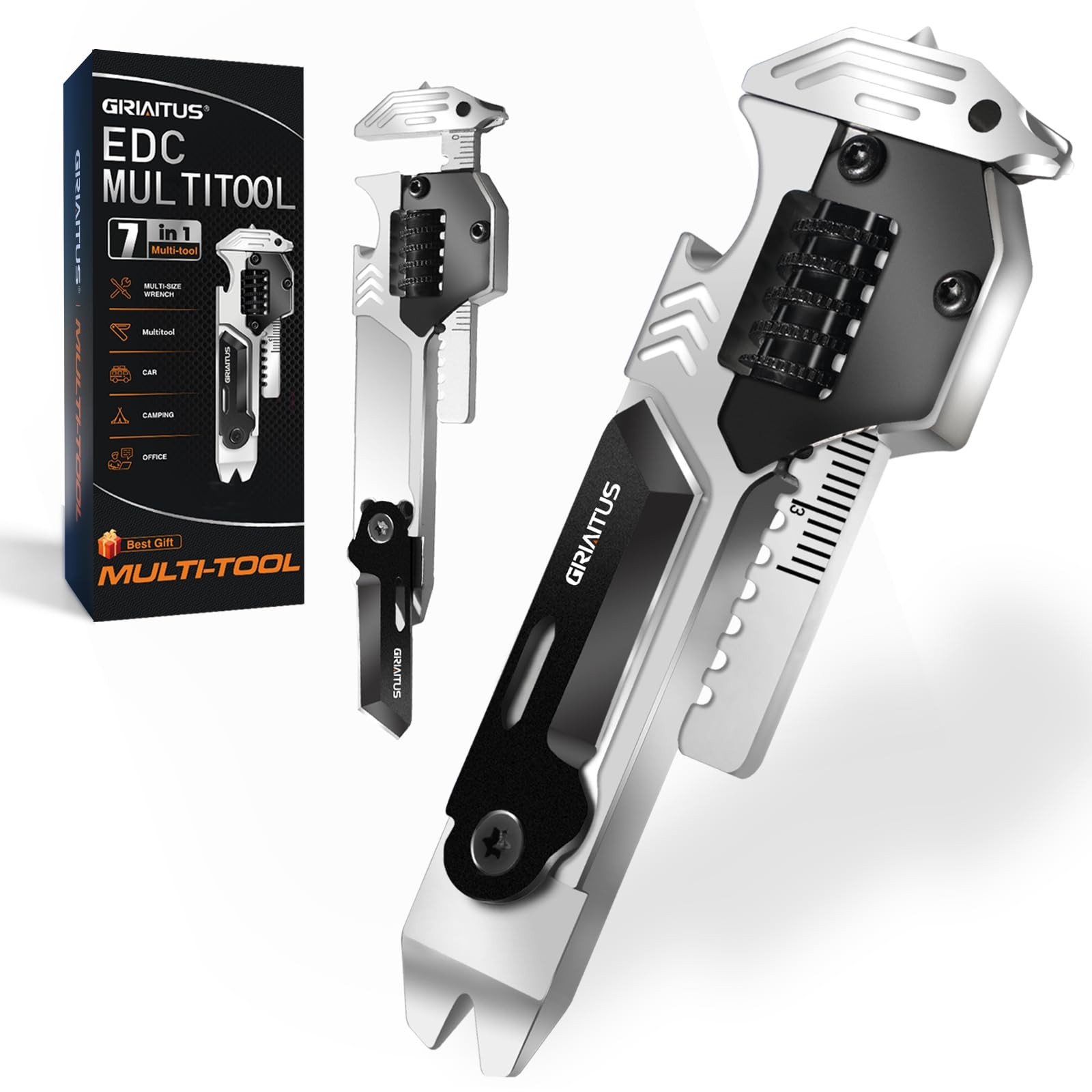 7 in 1 EDC Multitool Pry Bar Wrench and Screwdriver Gifts for Men Silver