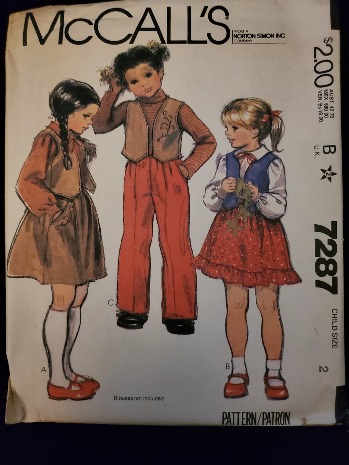 McCall's 7287 Girls Skirt Pants Vest Size 2 1980 Uncut Sewing Pattern