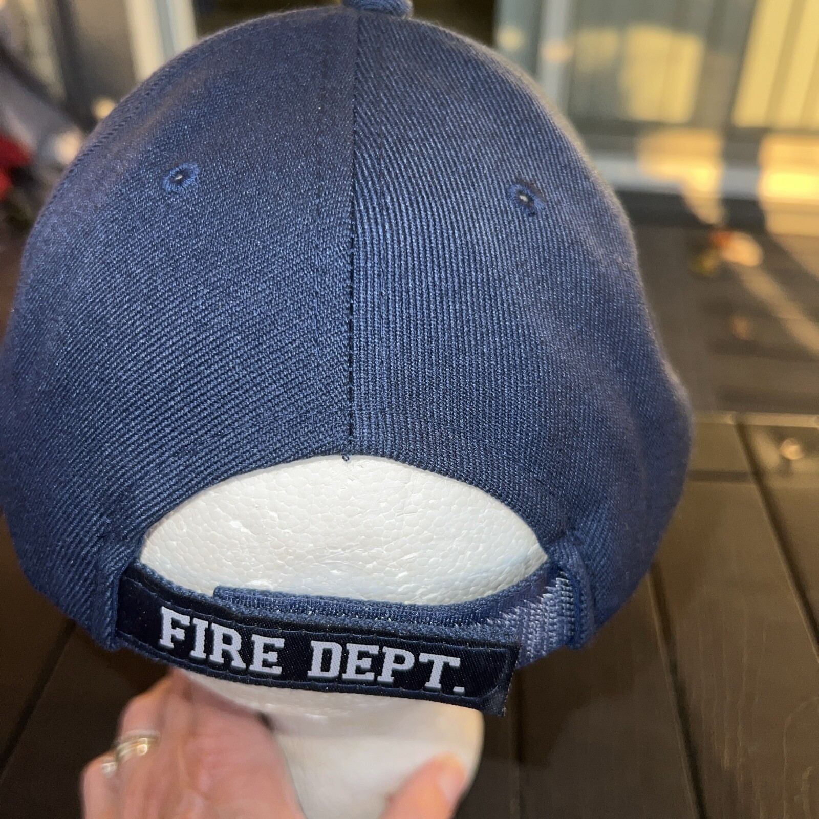 FD Fire Dept Red White logo Patch on Navy Hat Cap Hook Loop Fire Dept on Bill