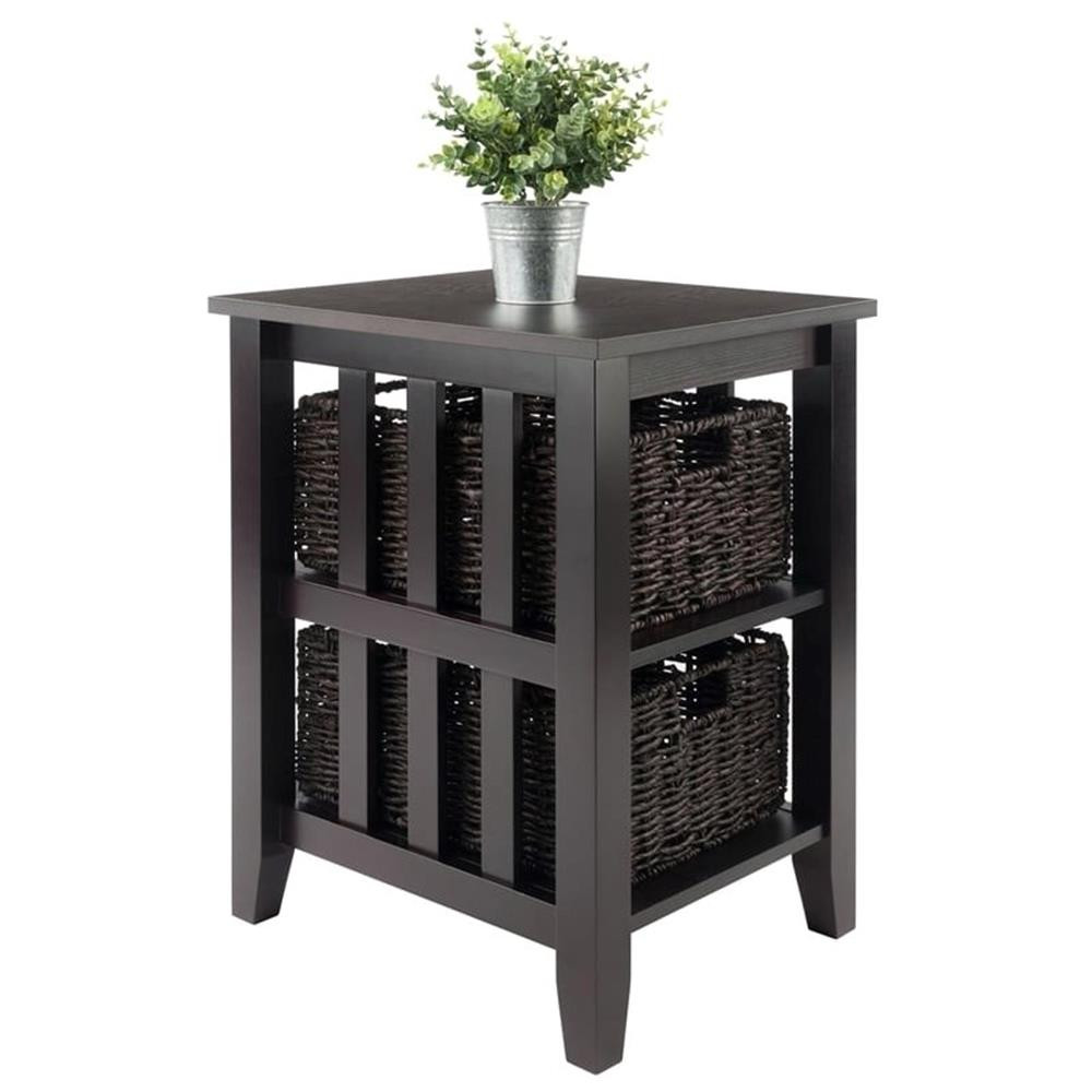 Bowery Hill Transitional Wood Side Table with 2 Foldable Baskets in Espresso