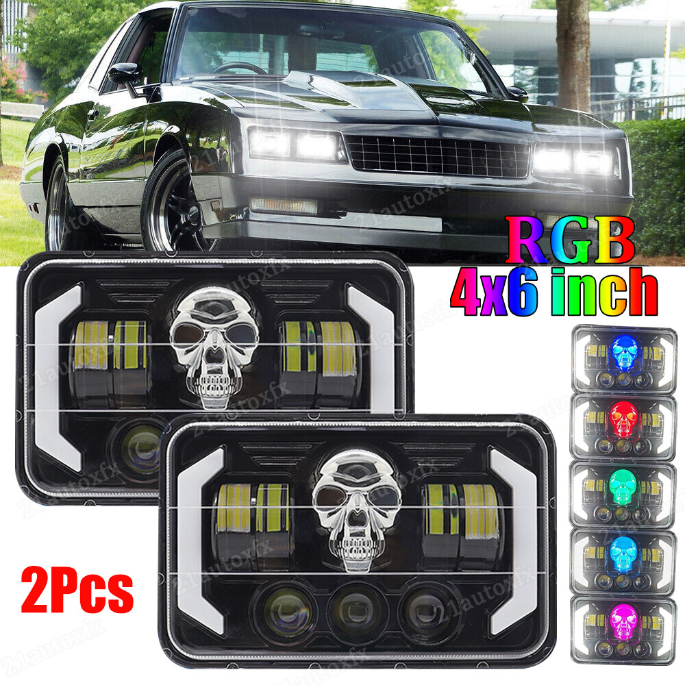 RGB Skull 4x6" LED Headlight Hi/Lo Beam DRL For Chevy C10 Pickup Truck 1980-1986