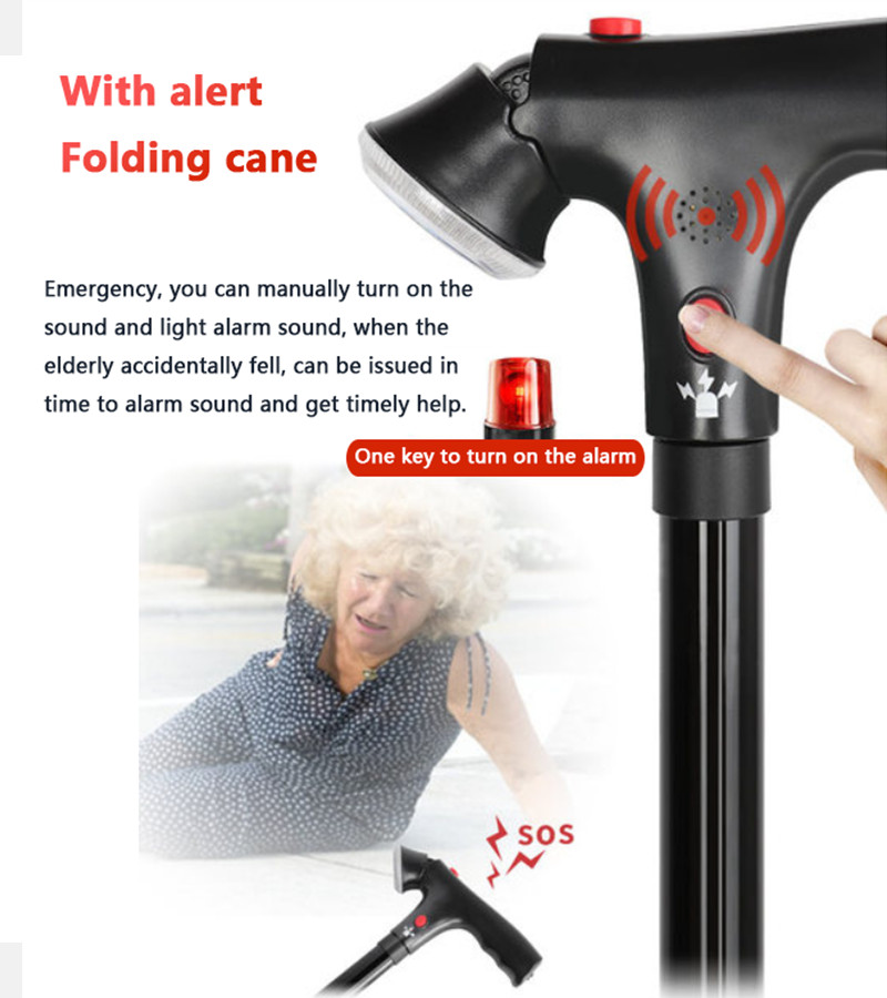 Elder Folding Walking Stick Walking Cane Height Adjustable LED Light Alarm US