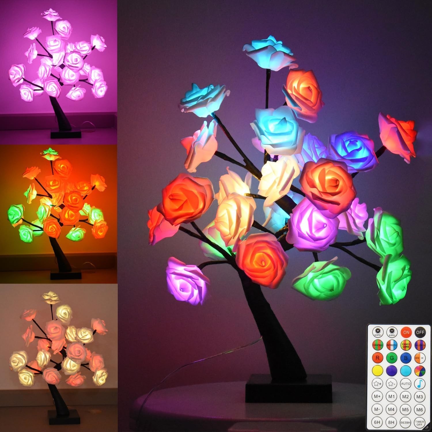 24 LED Rose Tree Lamp,Color Changing Artificial Rose Lamp with Remote,USB..