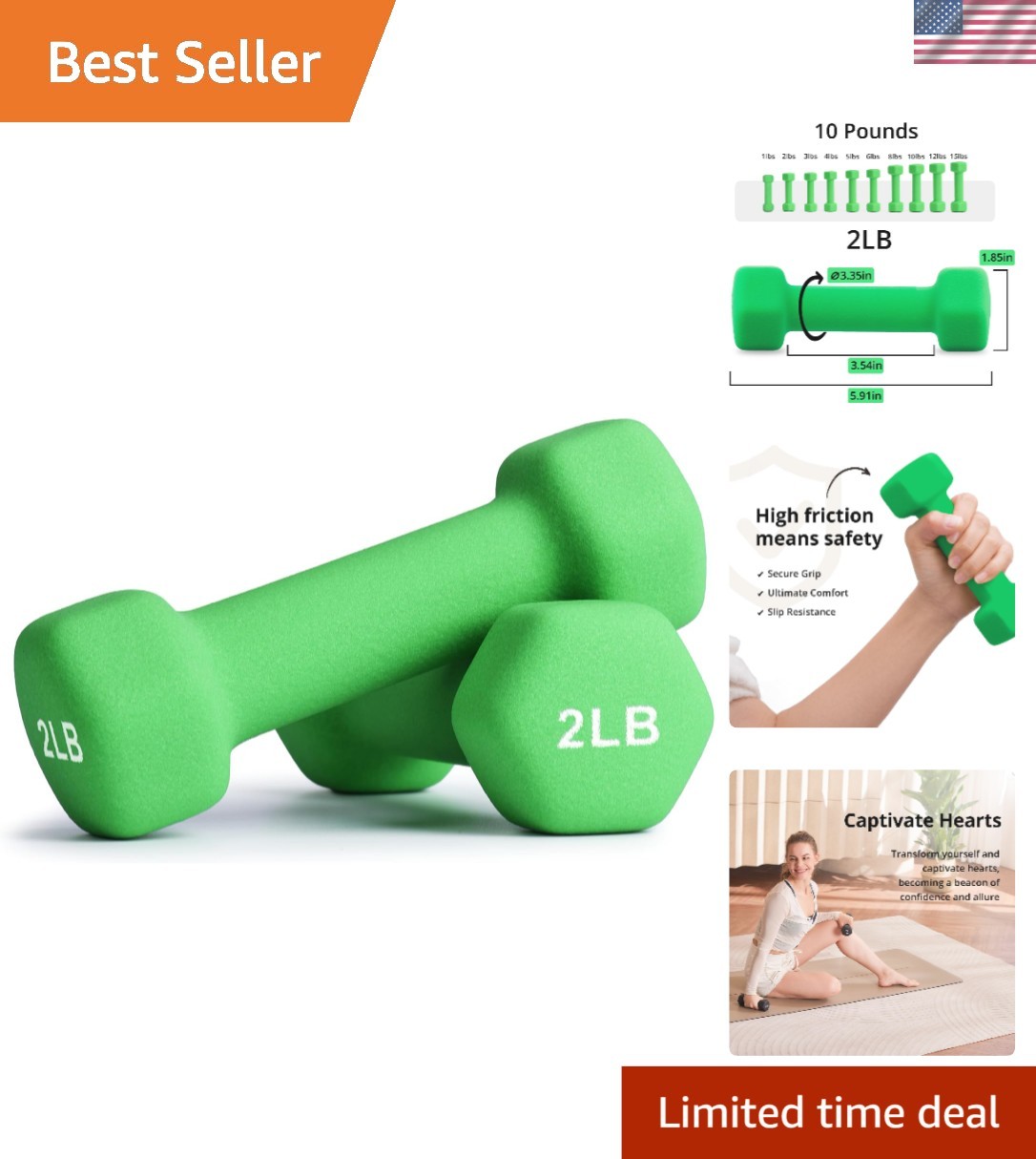 Compact Neoprene Dumbbells (2 LB) with Anti-Roll Design - Perfect for Any Space
