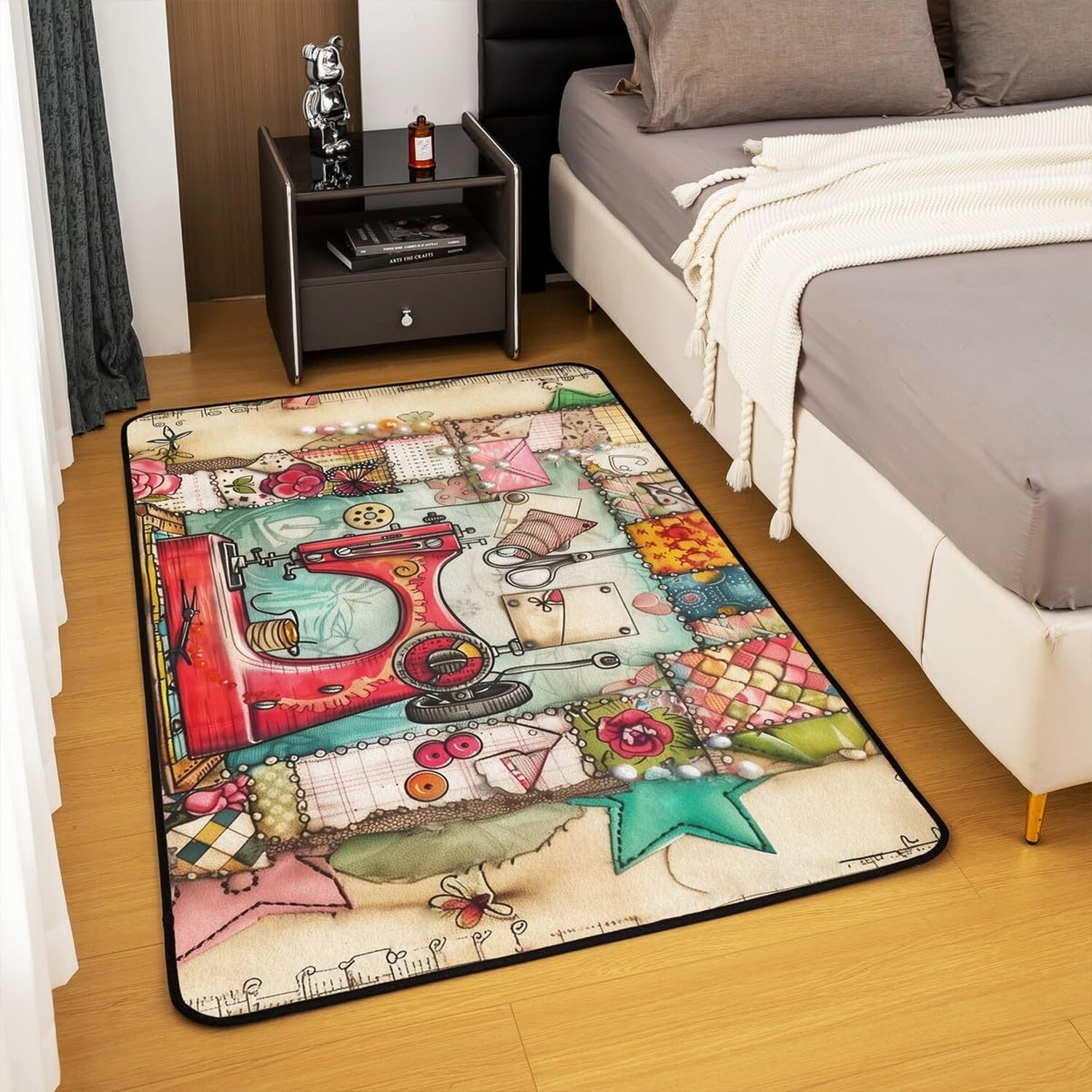 Red Sewing Machine Rug 5x6'6'',Retro European Sewing Theme Non Slip Decorativ...