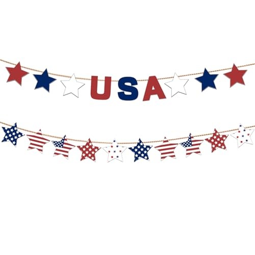 Wooden 4th of July Banner Pre-Assembled Patriotic Garland Stars Decorations