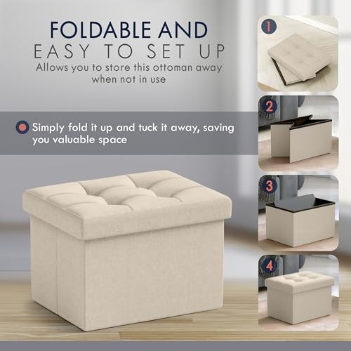 Small Storage Ottoman, Set of Foldable Collapsible Rectangle Linen 2 Beige