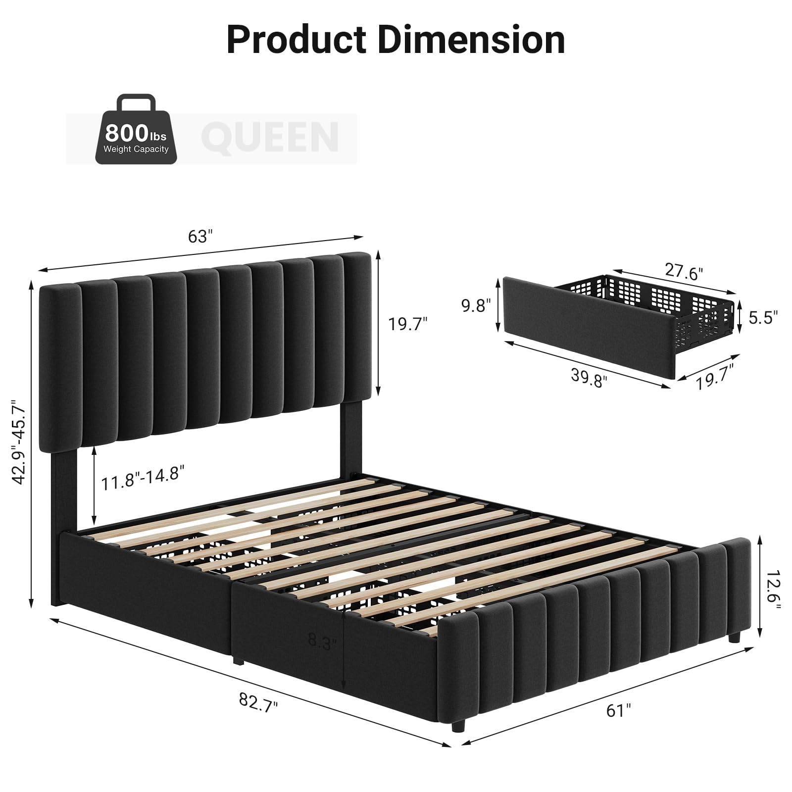 Bed Frame Queen Size with 4 Drawers Modern Linen Upholstered Platform