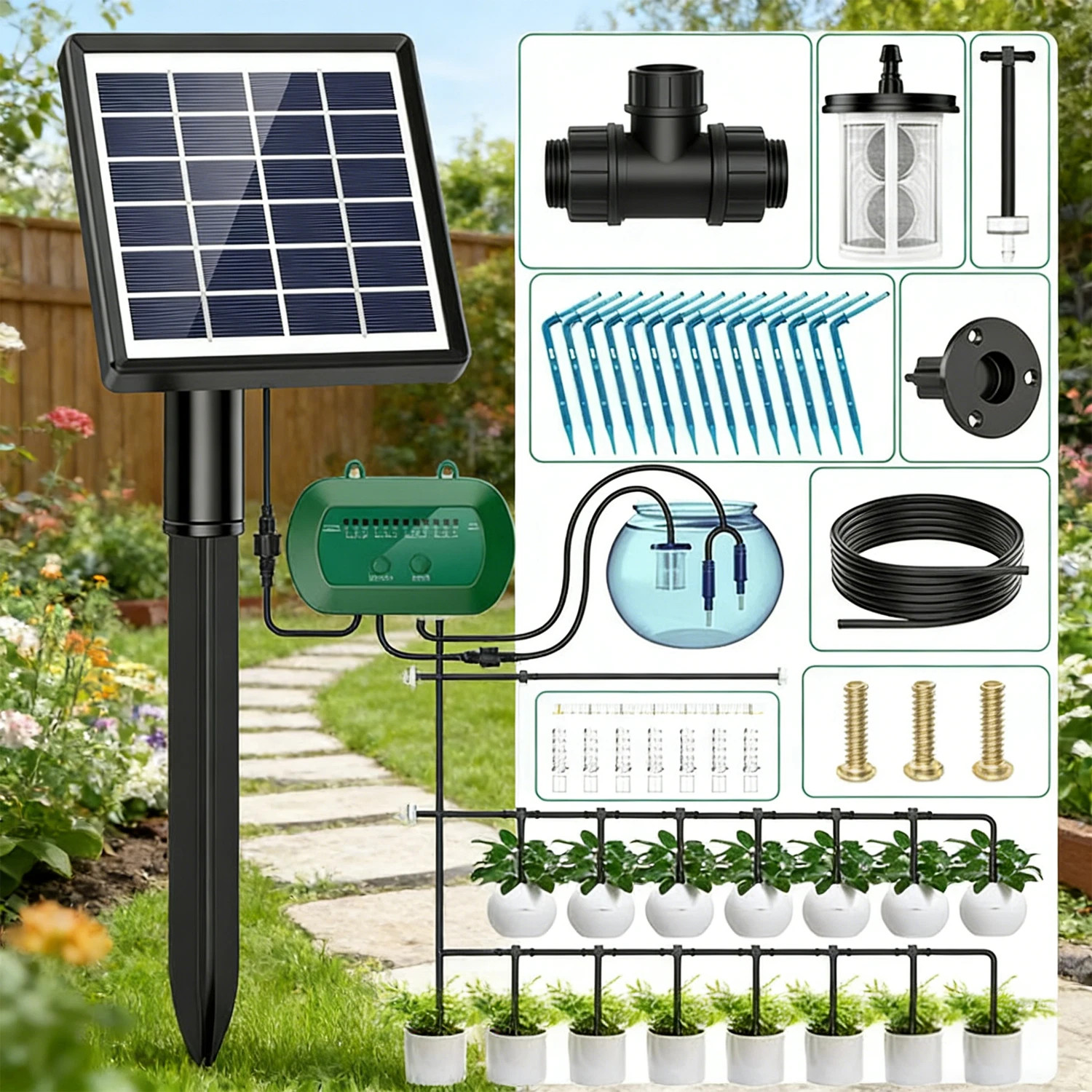 49ft Hose Automatic Solar Drip Irrigation System,Watering Kit for 15 Pots Garden
