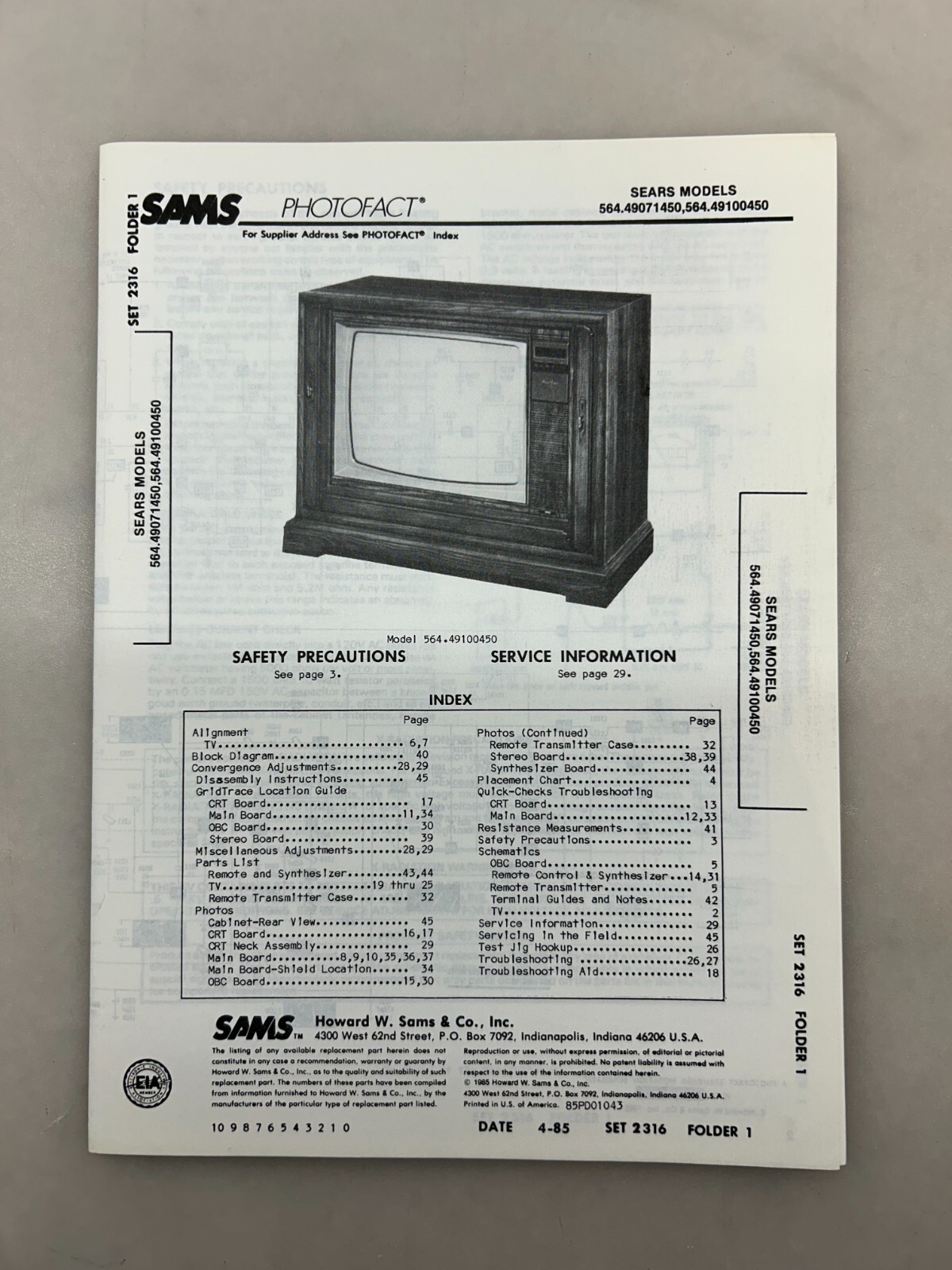 Sears 564.49071450 49100450 Service Manual Sams Photofact Free Shipping