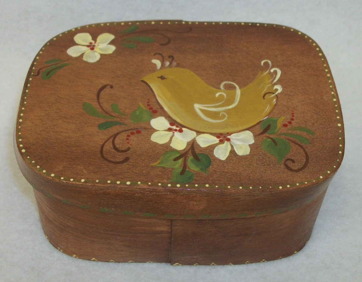 Handpainted Bird on Flowering Dogwood Branch Wooden Folk Art Lidded Box