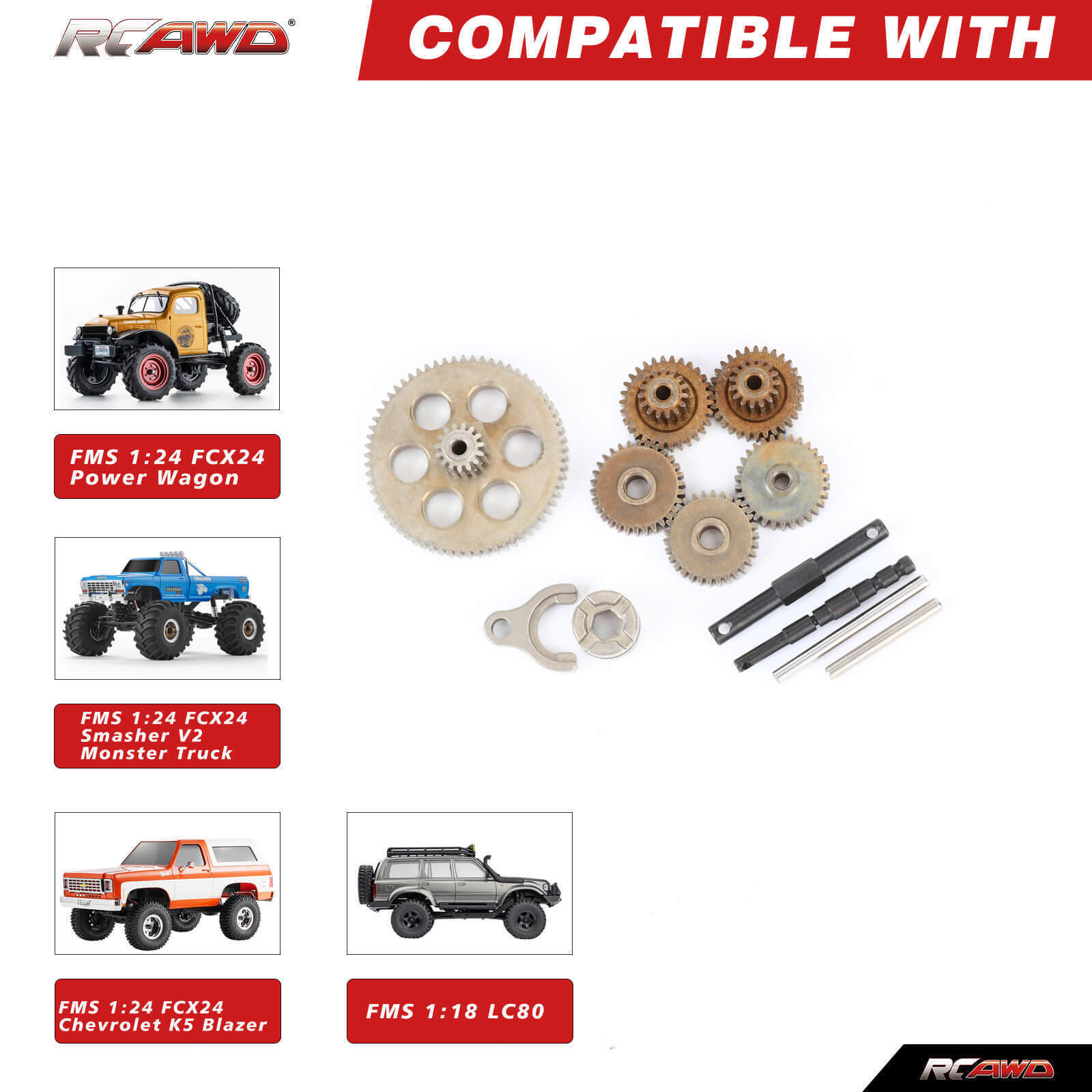 RCAWD Transmission Gears Gearbox Axle Set for FMS 1/24 FCX24 1/18 FCX18 LC80