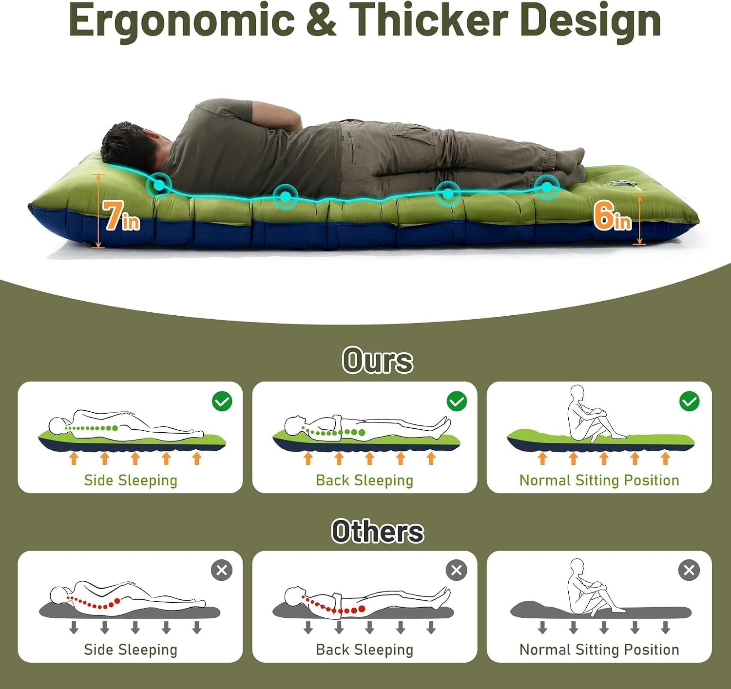 6 Inch Thick Camping Sleeping Pad Extra Wide Inflatable Mat With Pump