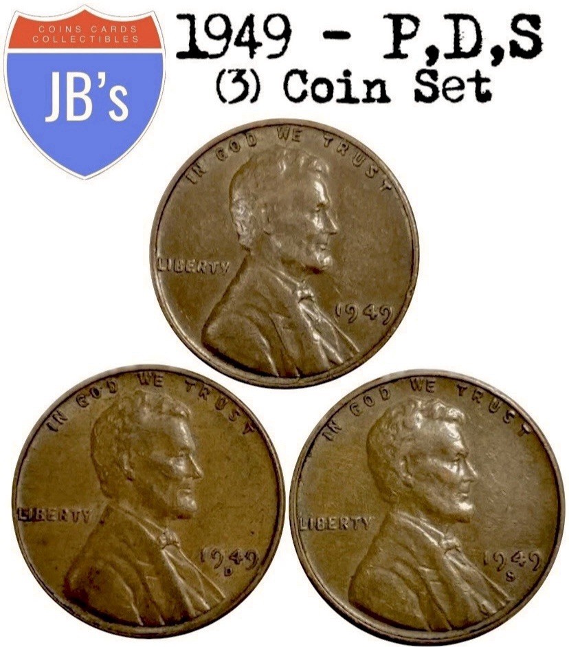 1949 P D S Lincoln Wheat Cent Penny 1c (3) Coin Set - Circulated (G/VG)