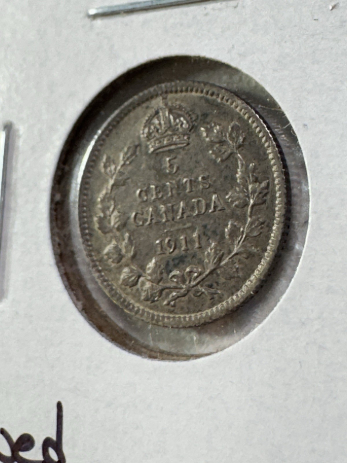 1911 Canada 5 Cents Small Silver Coin Cleaned
