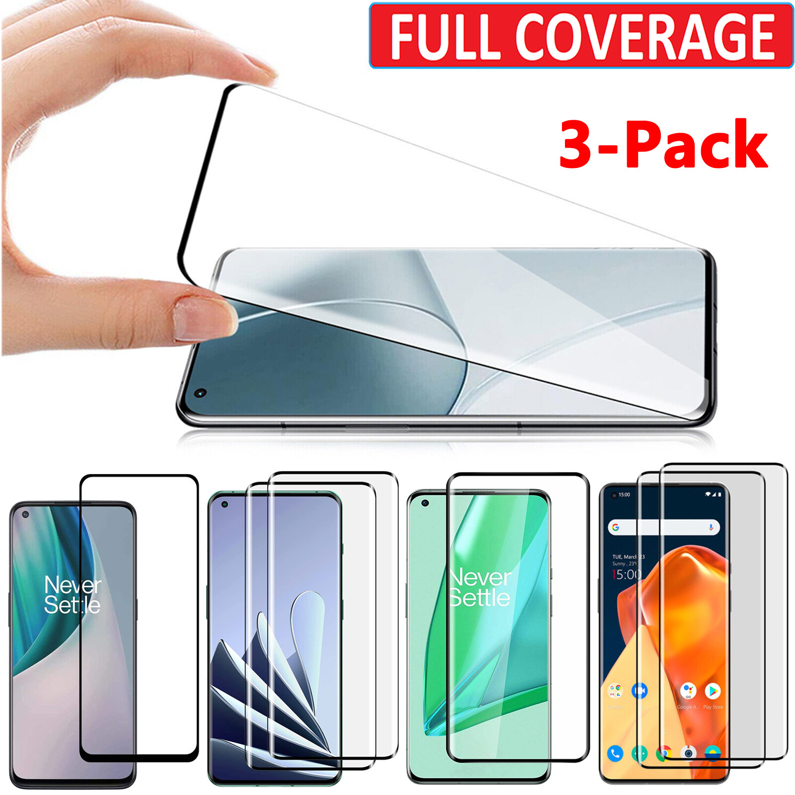 3-Pack 3D Full Coverage Tempered Glass Screen Protector for OnePlus All Model 3X